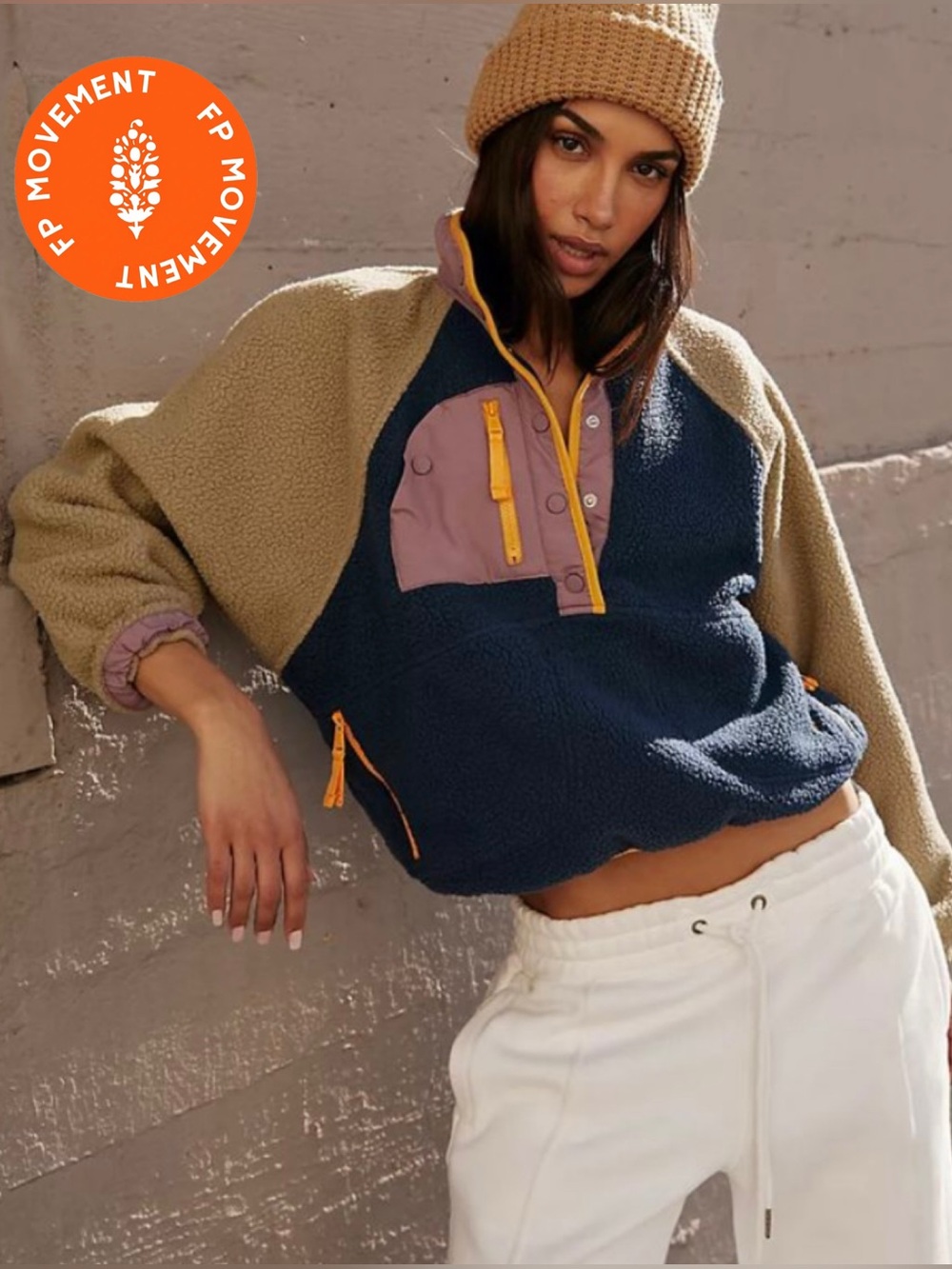 FP Movement Hit The Slopes Colorblock Fleece Pullover XS Navy/Olive/Orange